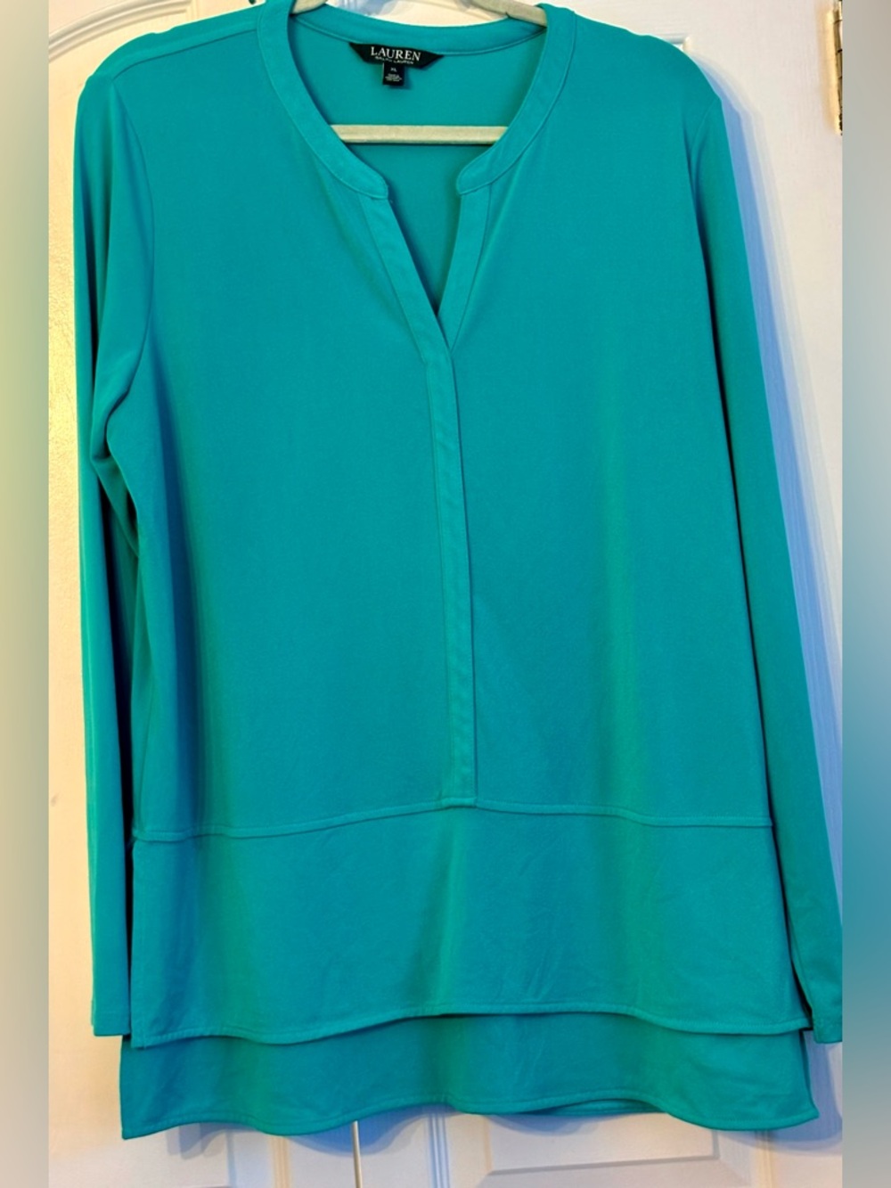 Lauren Ralph Lauren Teal Green Silk-Look Blouse, xl